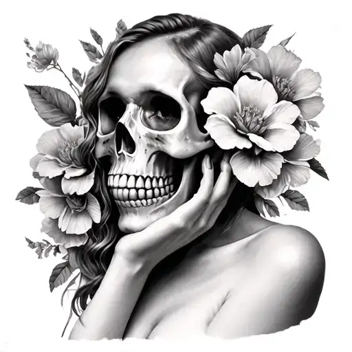 Skull Flowers Blooming Woman Holding