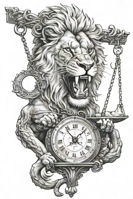 Lion Holding The Scales In His Teeth Tattoo Design