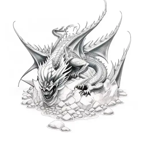 Dragon Breathing Fire Over A Pile Of Skulls