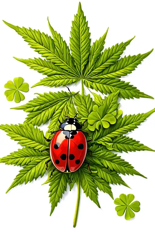 Small Realistic Ladybug With Shadows Sitting On Marijuana Leaf Intertwined With Dutch Clovers