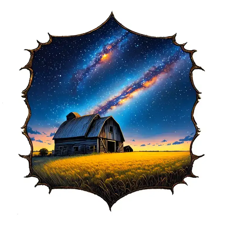 Farm With Barn And Field With Galaxy Filled With Stars