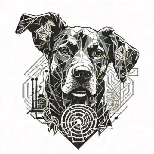 A Geometric Design Incorporating A Dog Silhouette And Musical Symbols Intertwined