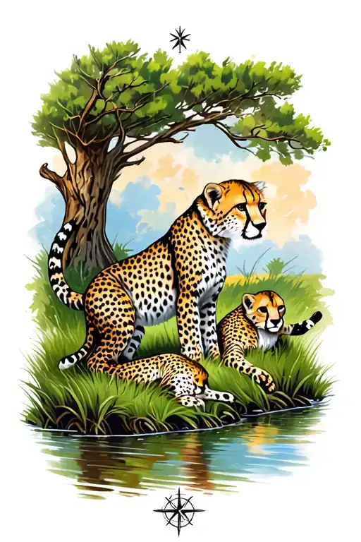 Cheetah Cubs Playing On Grass With Mama Cheetah River And Trees A Compass Ocean