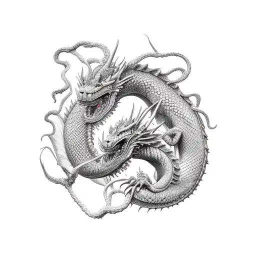 A Realistic Portrait Of Two Dragons Gracefully Entwined