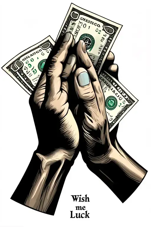 Praying Hands Holding Dollar Bills With A Little Line Underneath That Says Wish Me Luck