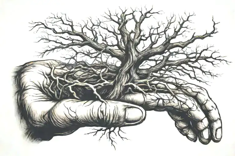 Long Leafless Tree Coming Out Of 1 Finger Of The Creation Of Adam Hand