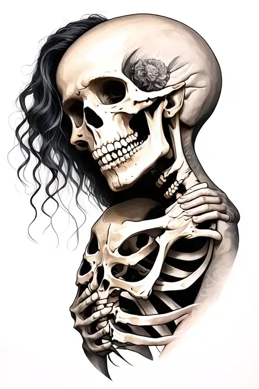Man Embracing Skeletal Woman Head