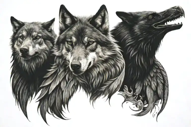 Two Wolfhead With A Raven Above