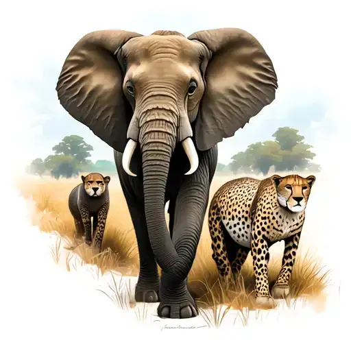 Elephant And Cheetah Walking Surrounded By Nature Scene