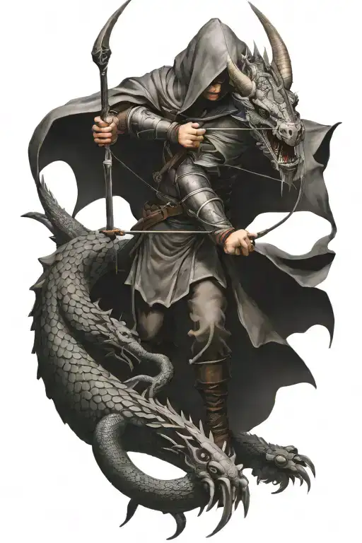 Hooded Archer Shooting Arrow At A Dragon Wrapped