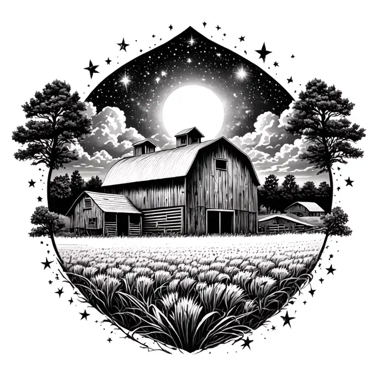 Farm With Barn And Field With Galaxy Filled With Stars