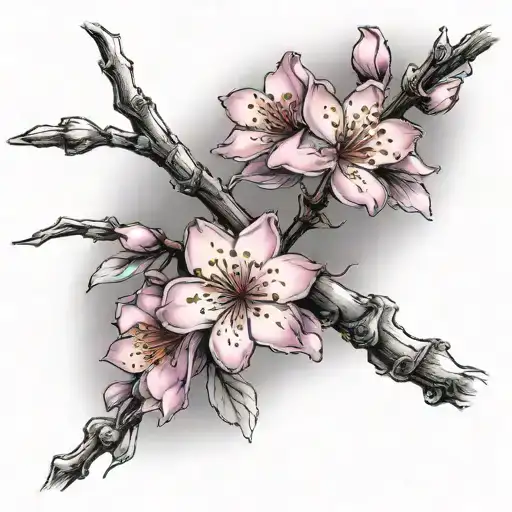 Cherry Blossom Twig With Love Carved Into It And Lavender Flowers