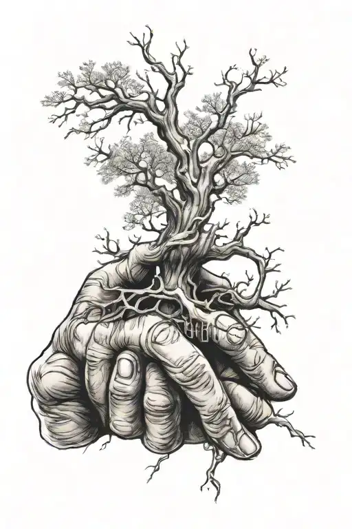 Long Leafless Tree Intertwined On The Finger Of The Creation Of Adam Hand