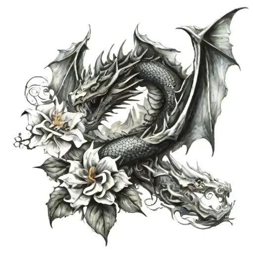 Mountains And Dragon In Flowers