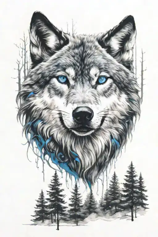 Wolf With Blue Eyes And A Forrest Behind