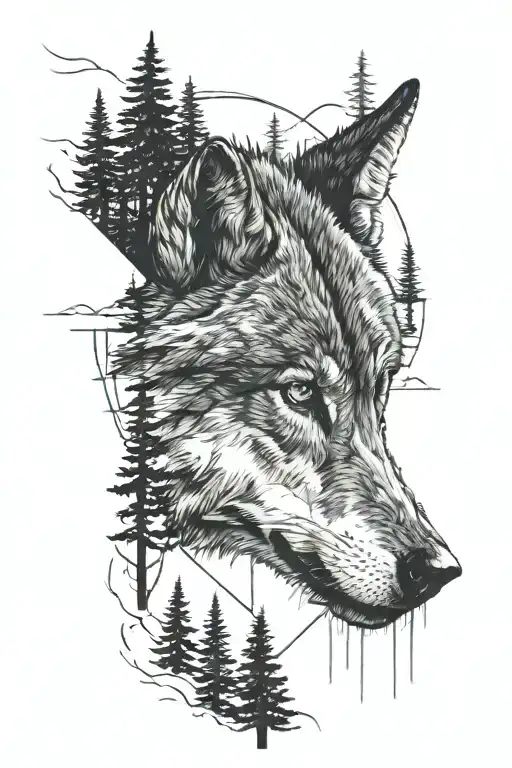 Minimalist But Details Wolf Head With Pine Trees And Mountains In The Background In Black