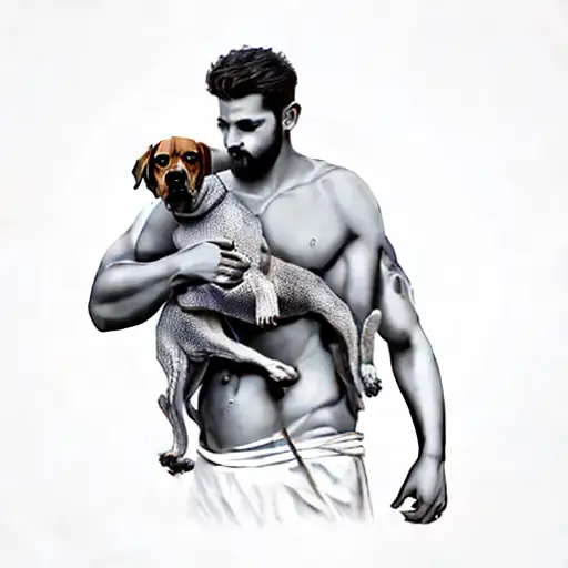 A Greek God Holding 3 Heads Dog