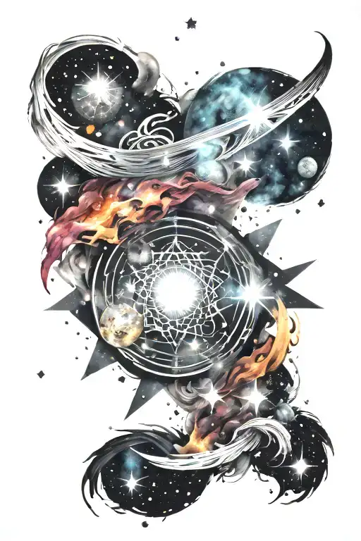 Universe Tattoo With A Background Resembling Brush Strokes And Colorful Stars