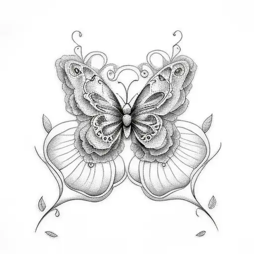 Butterfly With Flowers And Women's Lip
