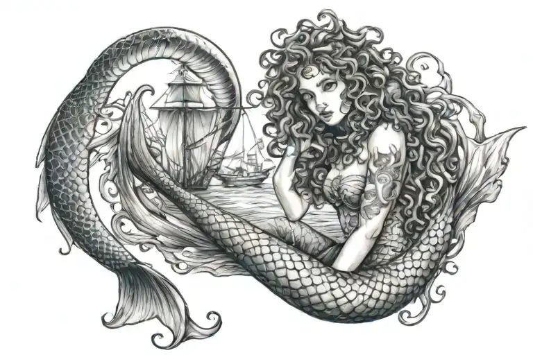 Curly Mermaid With A Big Tail In The Background A Ship