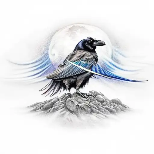 A Realistic Black And Blue Raven Spreading Its Wings In Front Of A Full Moon