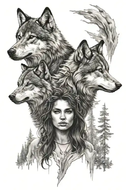 A Girl And A Wolf Standing