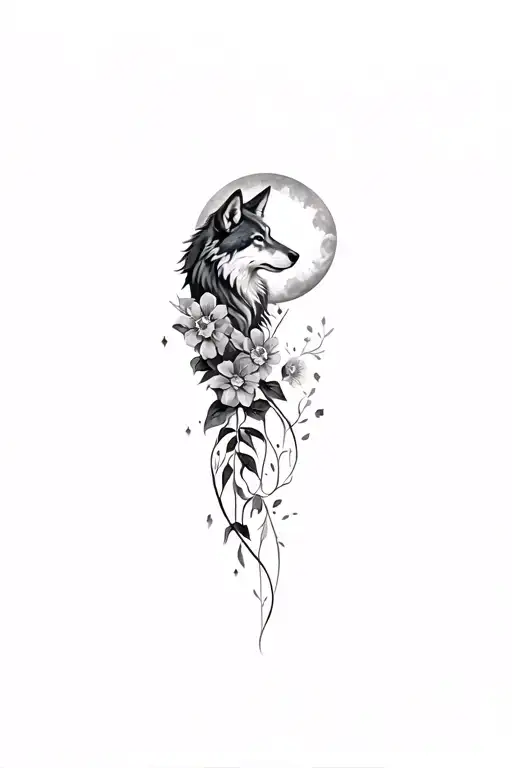 A Wolf With Flowers Many Form Of The Moon And A Half Sun