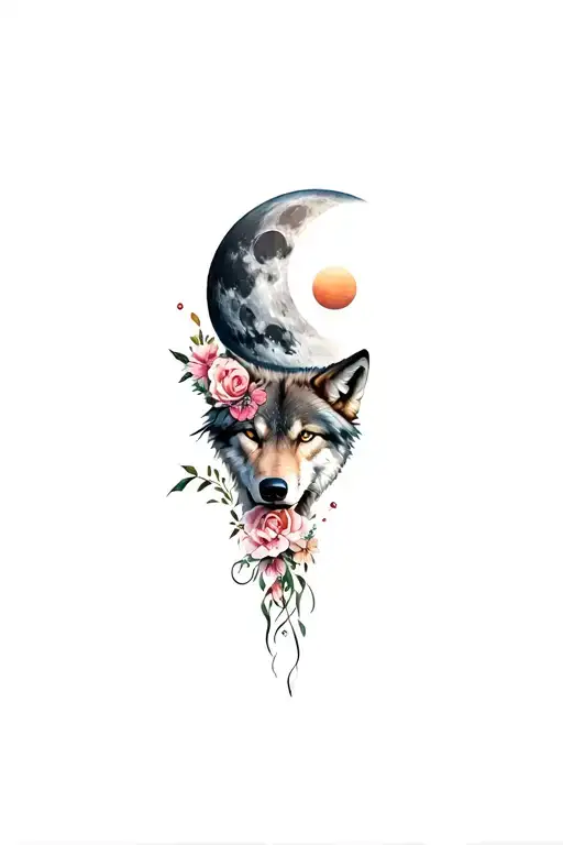 A Wolf With Flowers All Stade Of The Moon And A Half Sun
