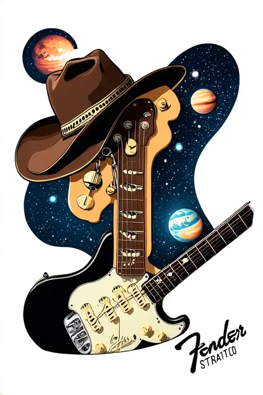 Fender Stratocaster With A Cowboy Hat Hanging From The Headstock With A Solar System Background