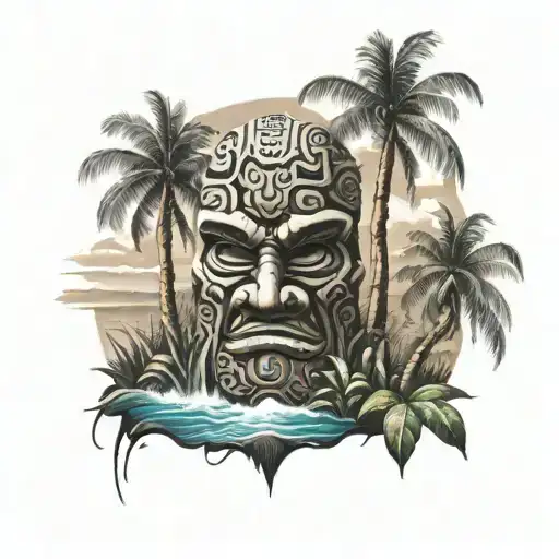 Hawaiian Landscape With A Tiki In The Foreground