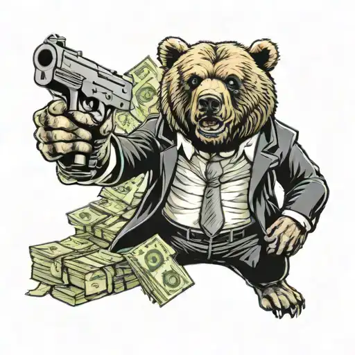 A Tattoo Of Angry Bear In Black Suit Holding Gun Surrounded By Money