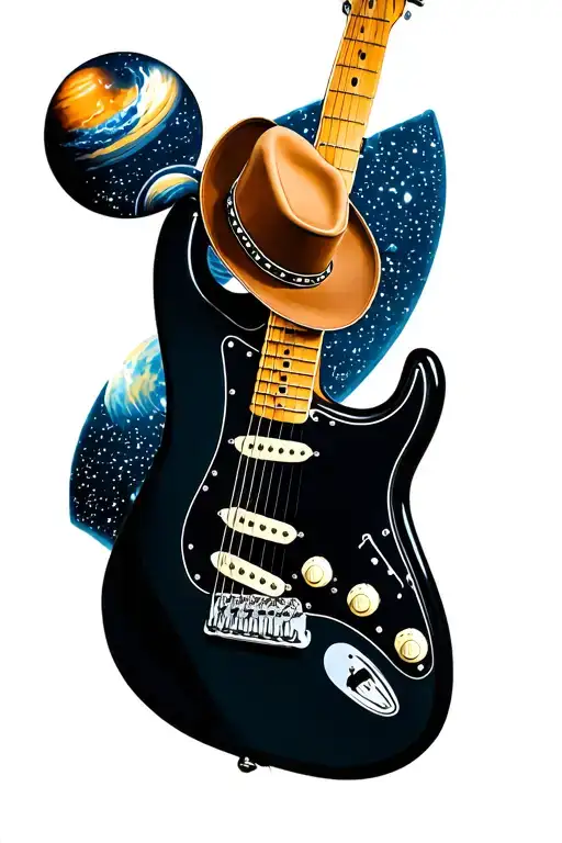 Fender Stratocaster With A Cowboy Hat Hanging From The Headstock With A Solar System Background