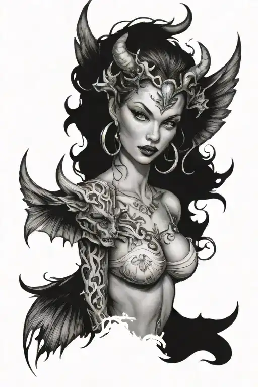 Black And White Tattoo Of A Feminine Sexy Devil Angel With A Tempting Look