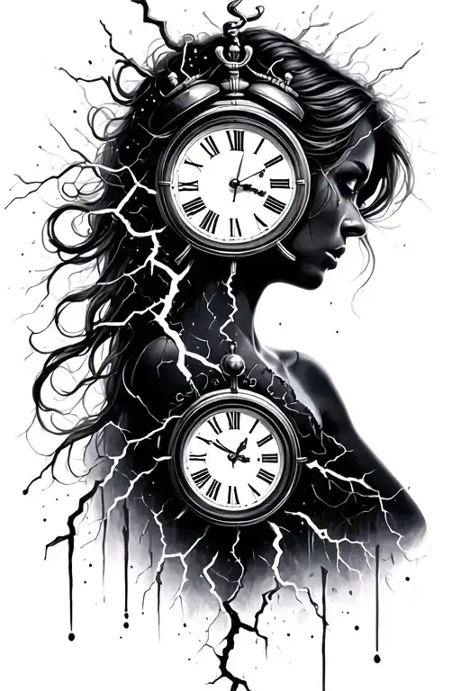 Woman Silhouette And Clock And Expression And Lightning Crackling