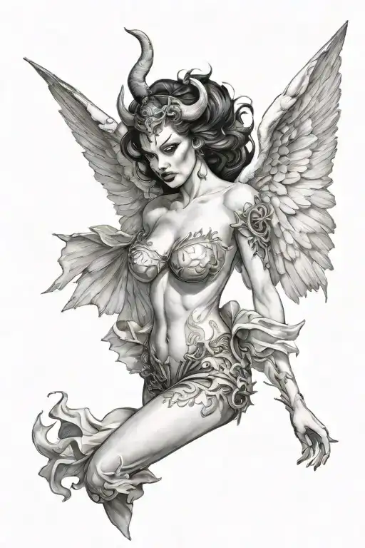 Black And White Tattoo Of A Feminine Sexy Devil Angel