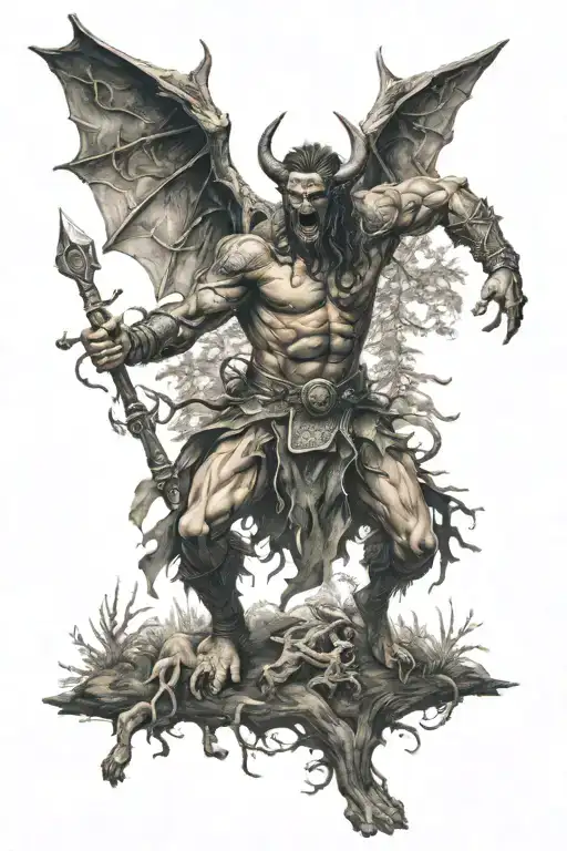 Warrior Fighting Demons In A Forest Scene