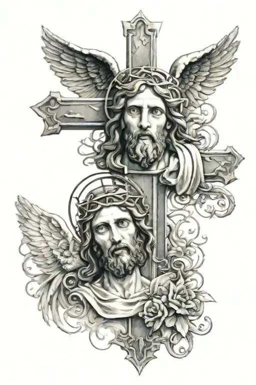 Cross With Angel Face On Left And Jesus On The Right