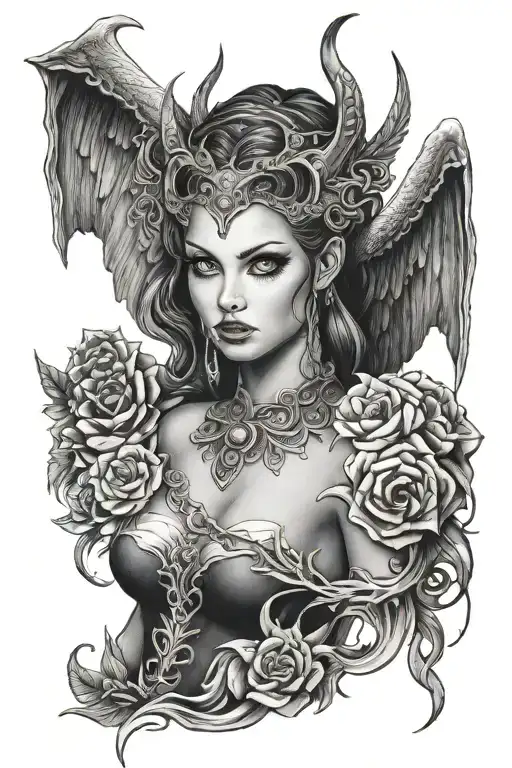 Black And White Tattoo Of A Feminine Sexy Devil Angel With A Tempting Look