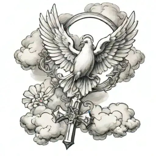 Catholic Cross With Dove And Clouds