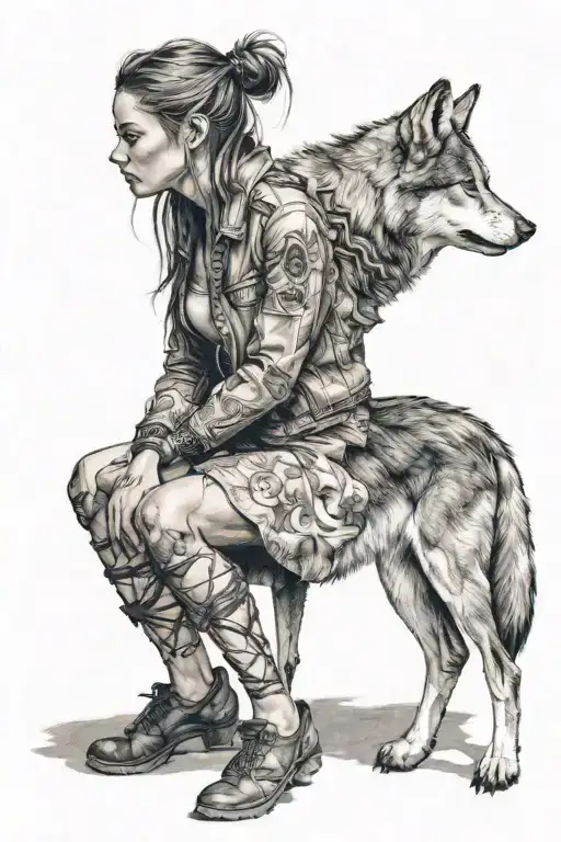 A Girl On Her Knee And A Wolf Standing Side