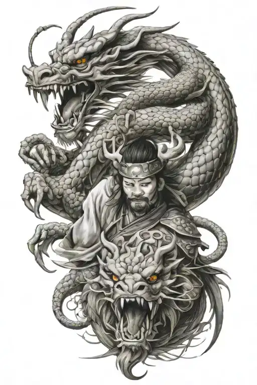 Chinese Dragon And Samurai Warrior