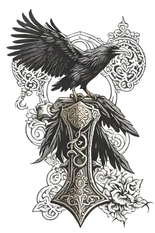 Raven Slavic Symbolism Sits On Thor's Hammer