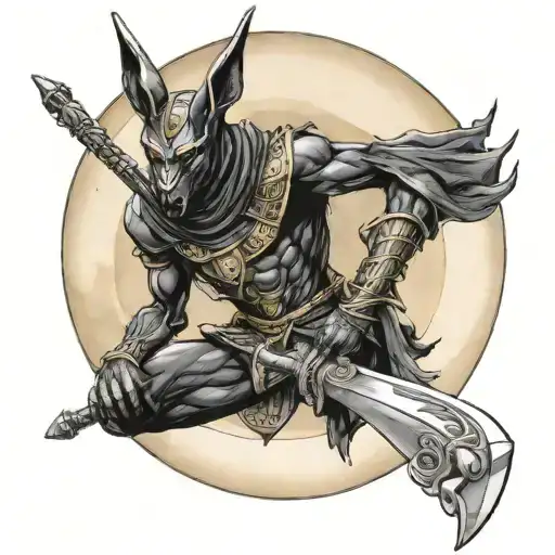 Anubis Holding A Katana Over The Moon Surrounded