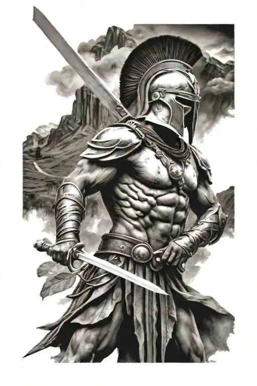 Spartan Warrior Wielding A Sword Surrounded By Mountains