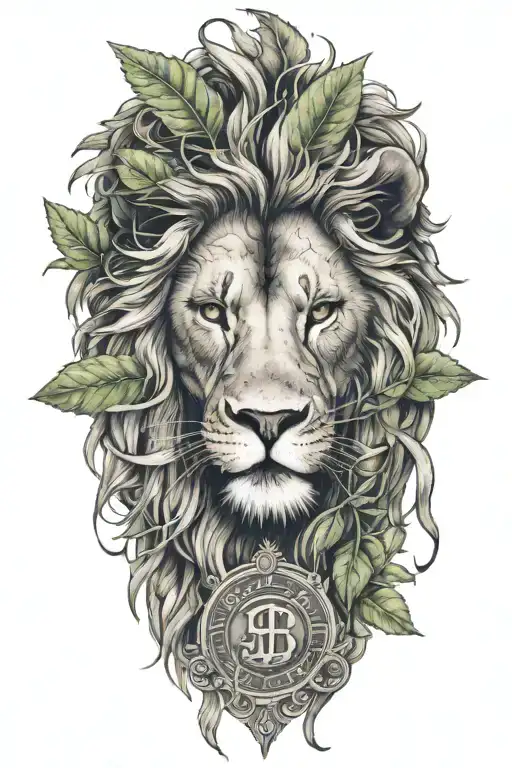 An Intricate Tattoo Of A Lion's Head With A Money Symbol In Its Eyes And Weed Leaves As The Mane