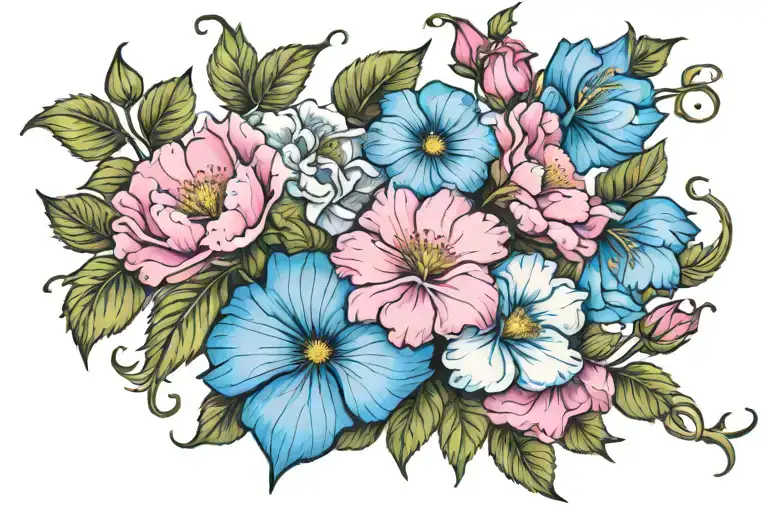 Pink And Blue Morning Glories And Peonies Vine Intertwined