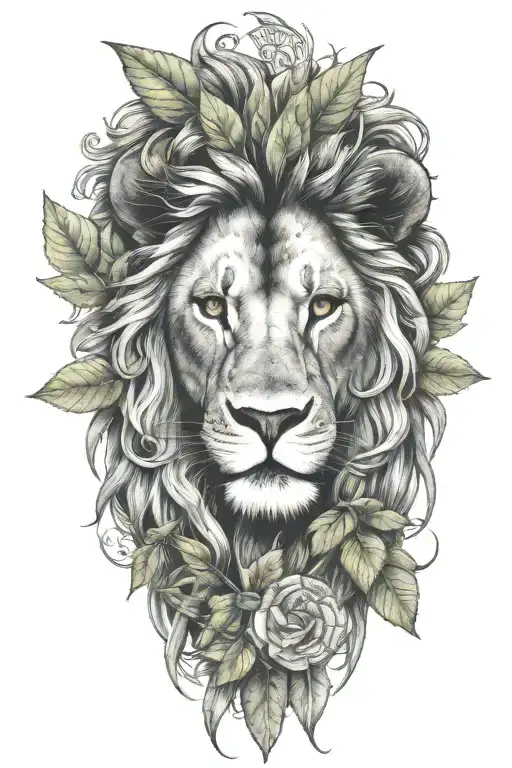 An Intricate Tattoo Of A Lion's Head With A Money Symbol In Its Eyes And Weed Leaves As The Mane