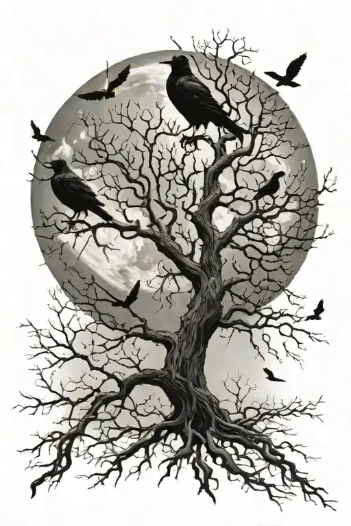 Design A Tattoo Of A Leafless Tree With A Full Moon Behind It And Ravens Flying Around It