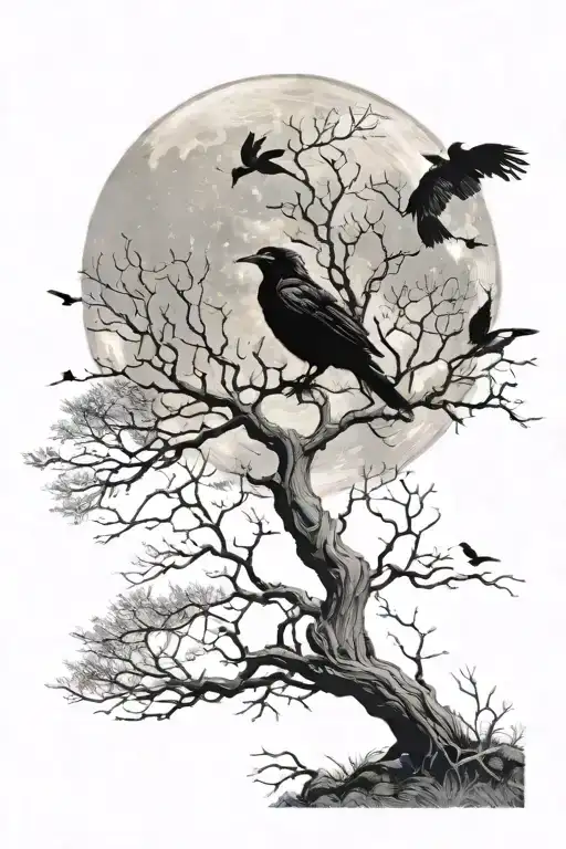 Design A Tattoo Of A Leafless Tree With A Full Moon Behind It And Ravens Flying Around It