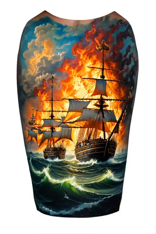Multiple Spanish Galleons On Fire Flames